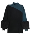 Alfani Womens Colorblocked Faux-Fur Cuffs Pullover Sweater tealblack S