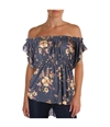 Free People Womens Woven Floral Print Off the Shoulder Blouse navy XS