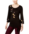 NY Collection Womens Embroidered Floral Embellished T-Shirt black S