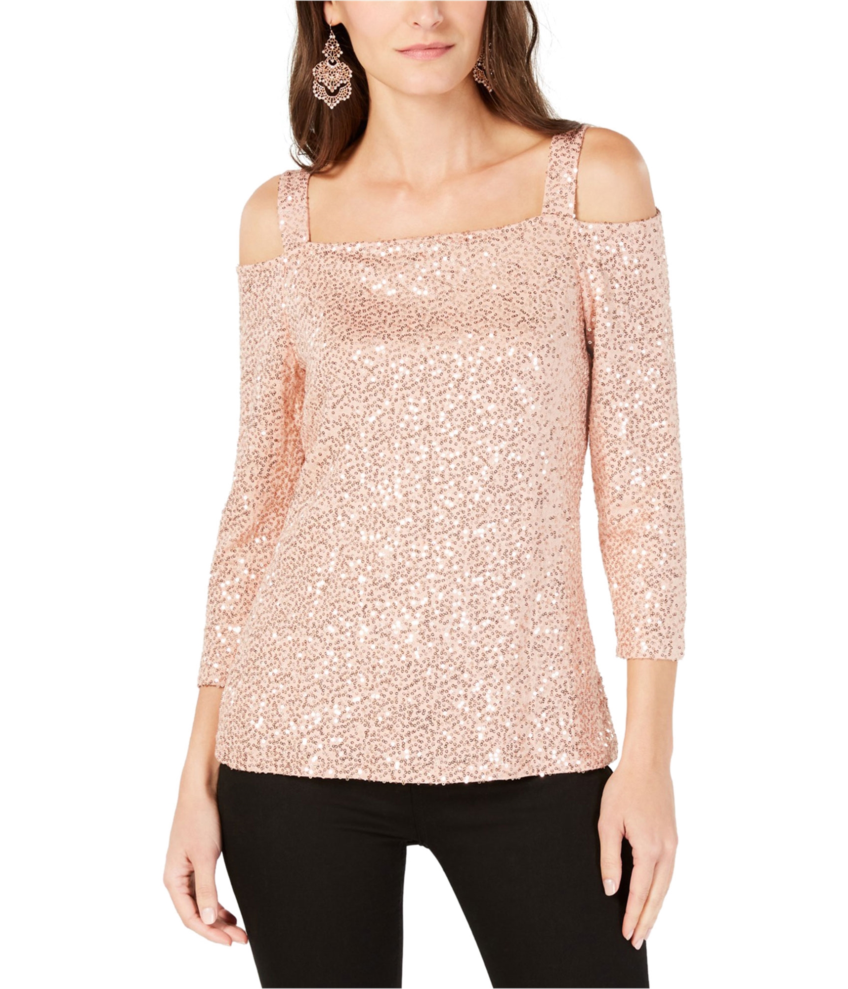 I-N-C Womens Sequined Cold Shoulder Blouse