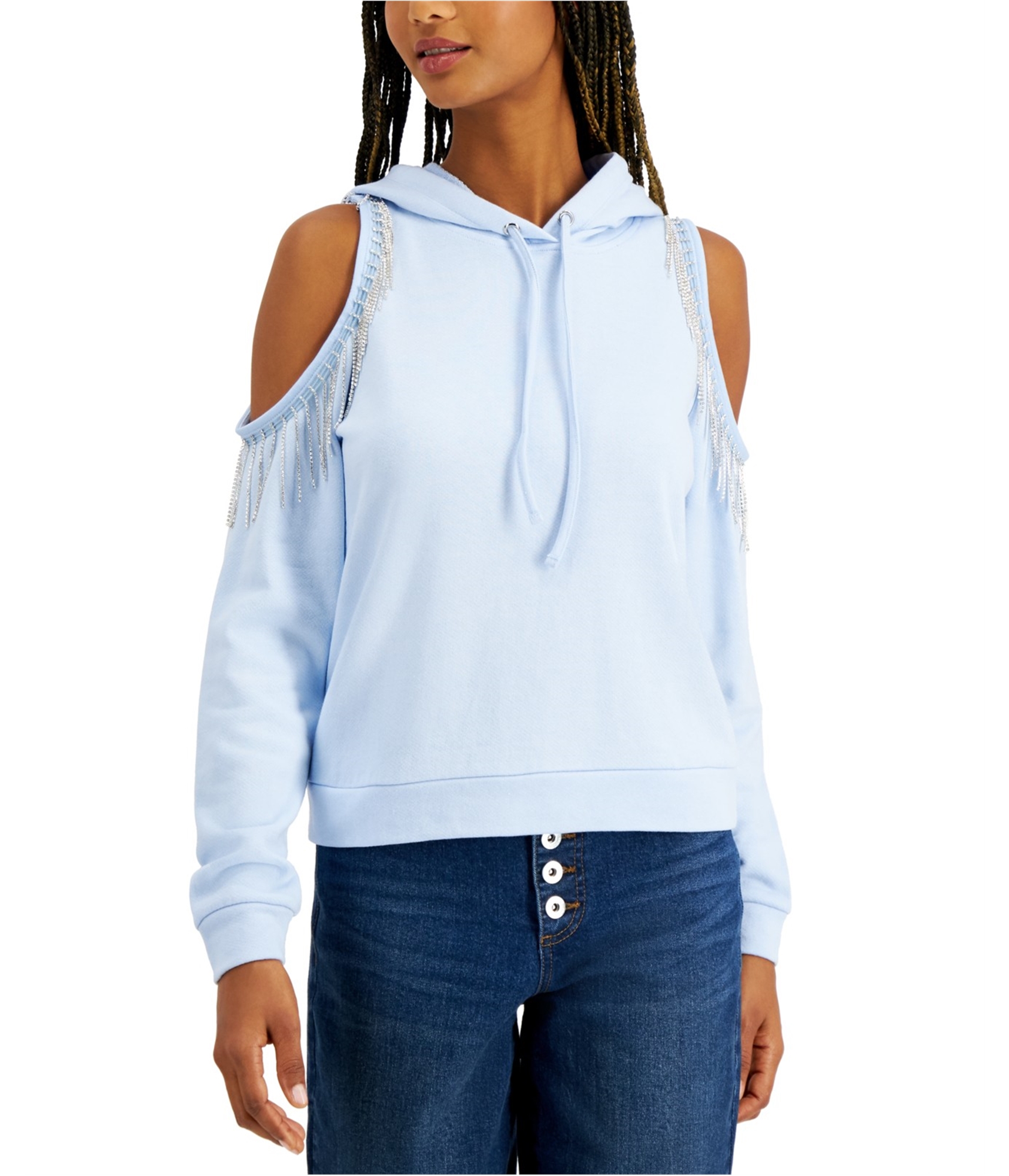 Inc Womens Blue Cold Shoulder Fringed Rhinestone Long Sleeve Hoodie Top Size L for sale online eBay