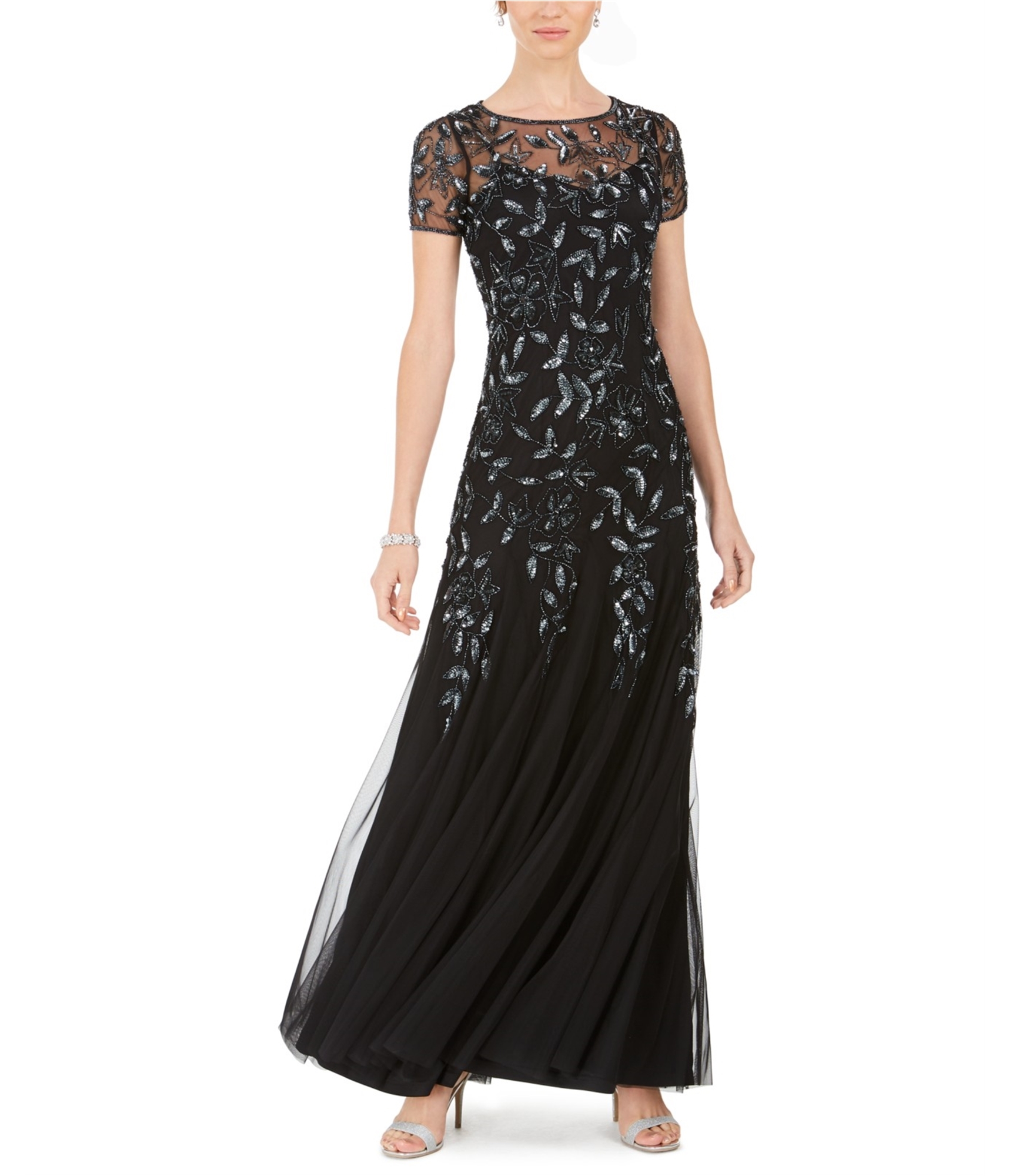 ADRIANNA PAPELL Floral Beaded Point d'Esprit Gown - We Select Dresses