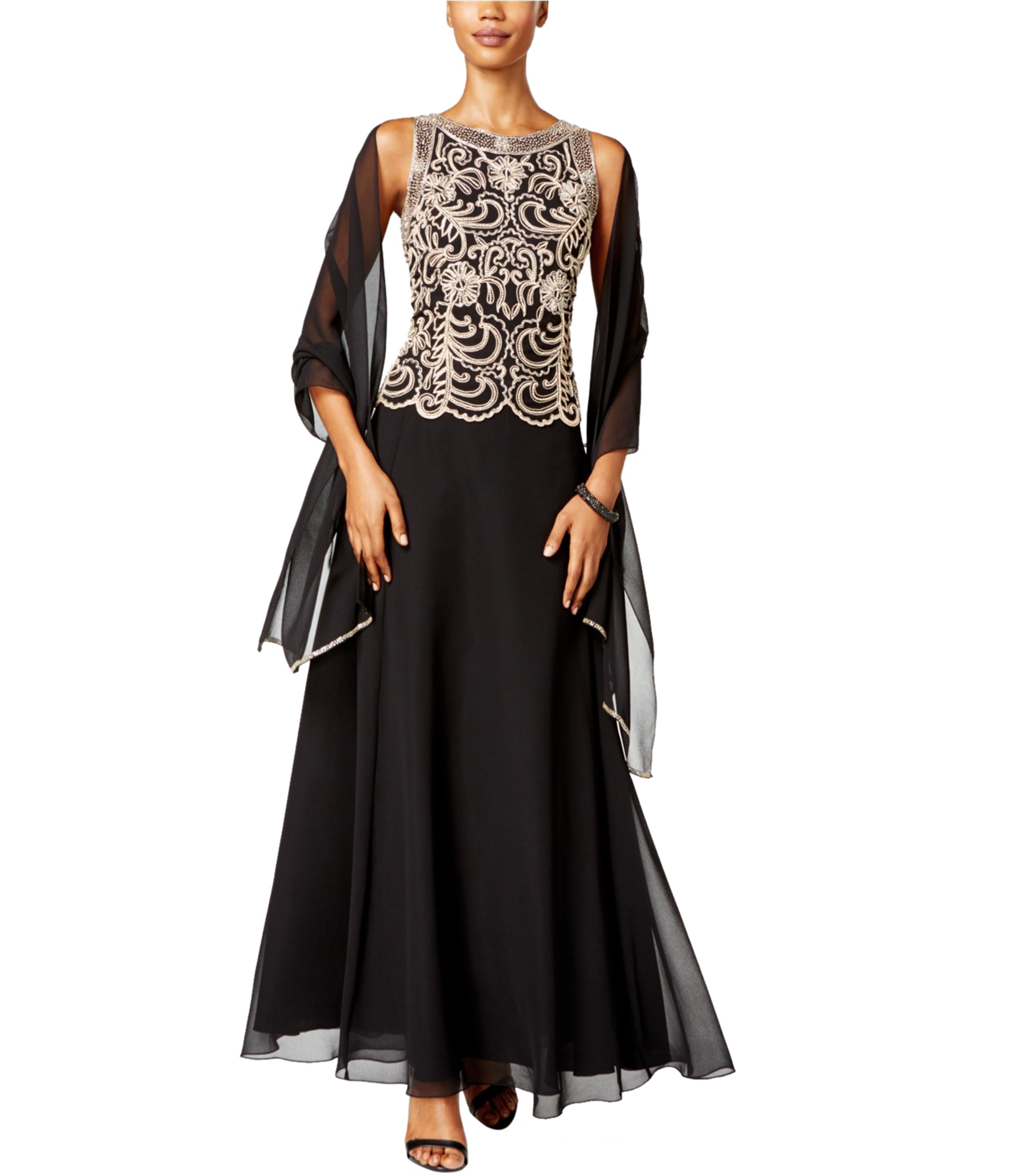 j kara beaded gown and chiffon scarf