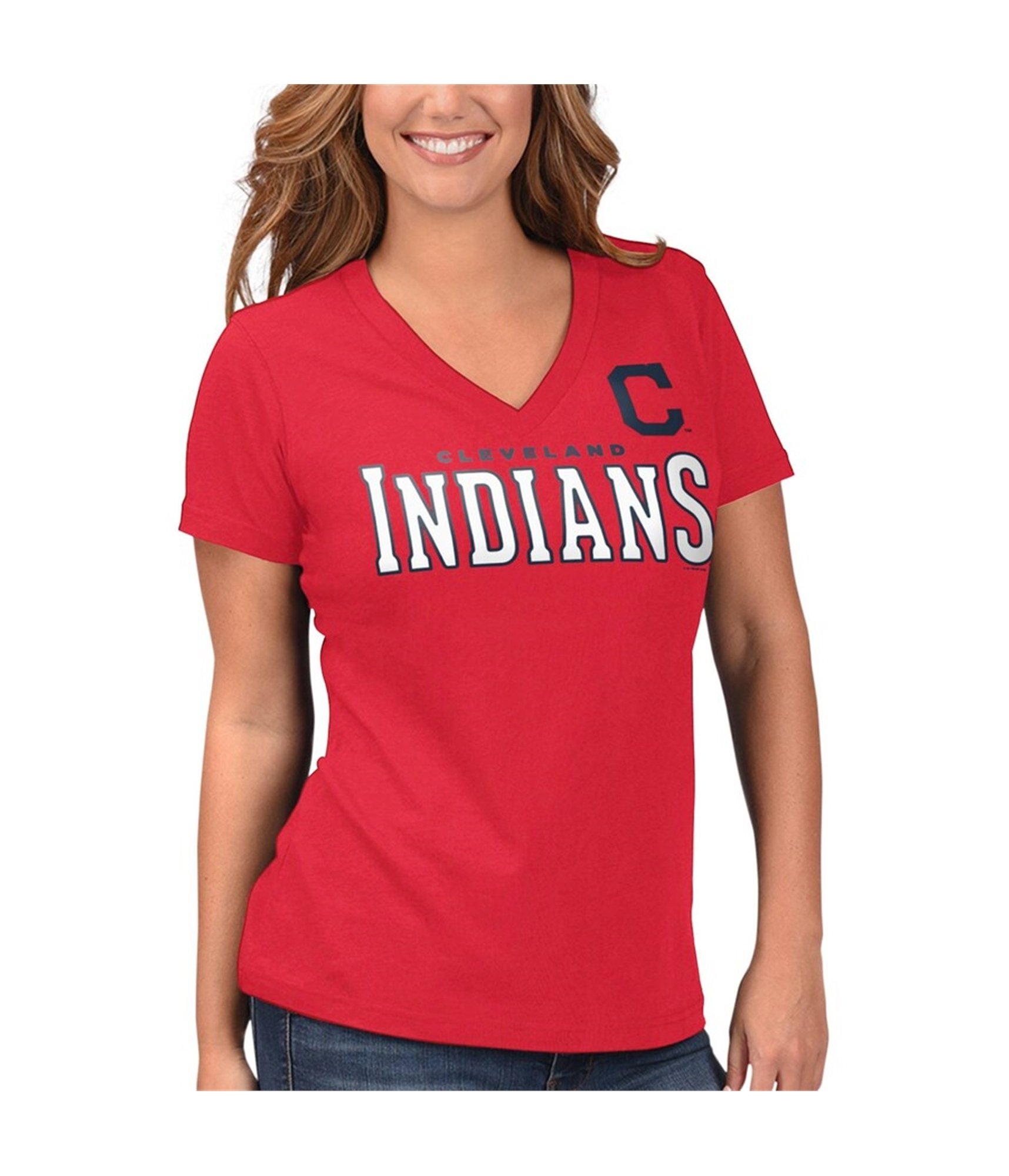 G-III 4Her by Carl Banks Cleveland Indians Women's Red Team Logo Game on V-Neck T-Shirt Size: Medium