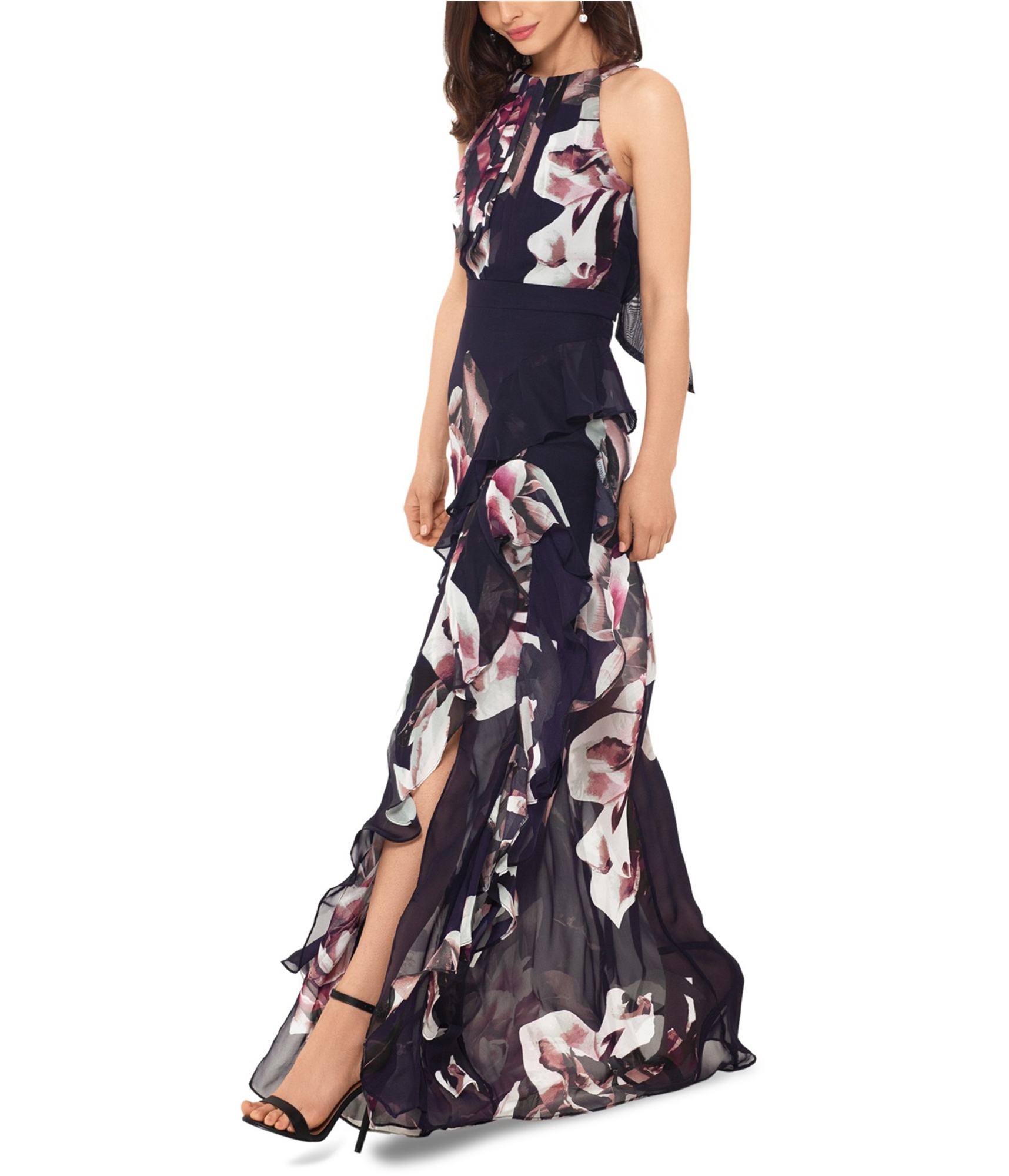 Buy a Betsy Adam Womens Floral Halter Cocktail Fit Flare Gown Maxi Ruffled Dress Tagsweekly