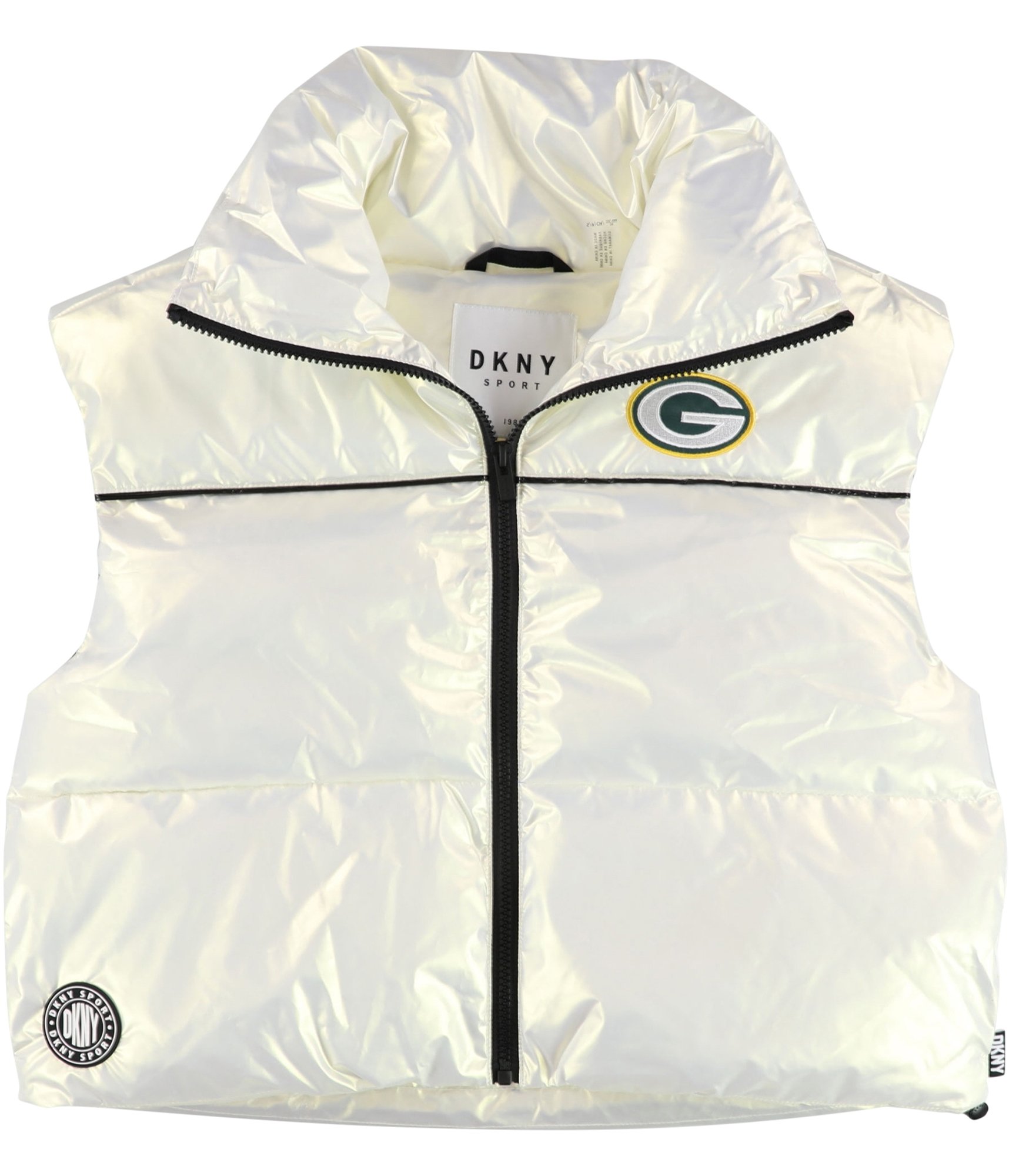 Dkny Womens Green Bay Packers Pearlescent Puffer Vest, Metallic, Small