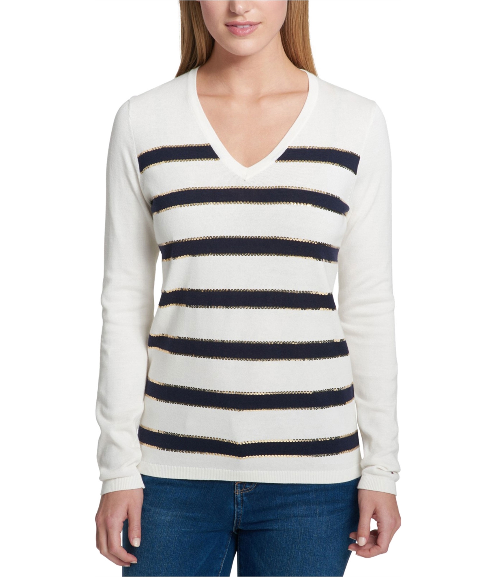 Buy Womens Hilfiger Sequin-Stripe Pullover Sweater | TagsWeekly.com