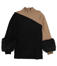 Alfani Womens Colorblocked Faux-Fur Cuffs Pullover Sweater