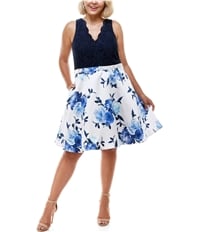 City Studio Womens Floral-Print Lace Fit & Flare Skater Dress