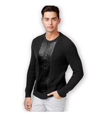 I-N-C Mens Faux Leather Cable Knit Pullover Sweater, TW1