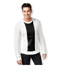 I-N-C Mens Faux Leather Cable Knit Pullover Sweater