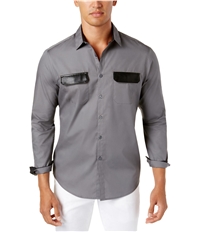 I-N-C Mens Faux Leather Trim Button Up Shirt, TW1