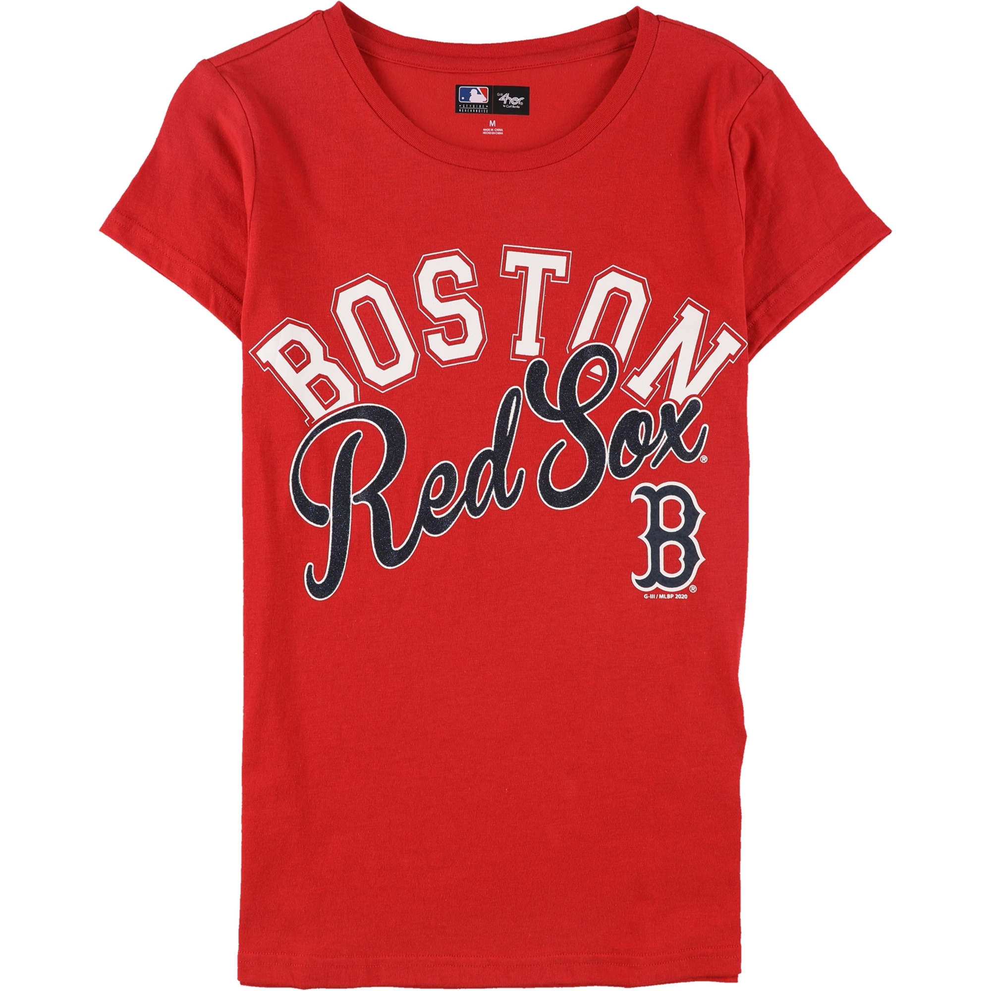 G-III Sports Womens Red Sox Glitter Print Graphic T-Shirt