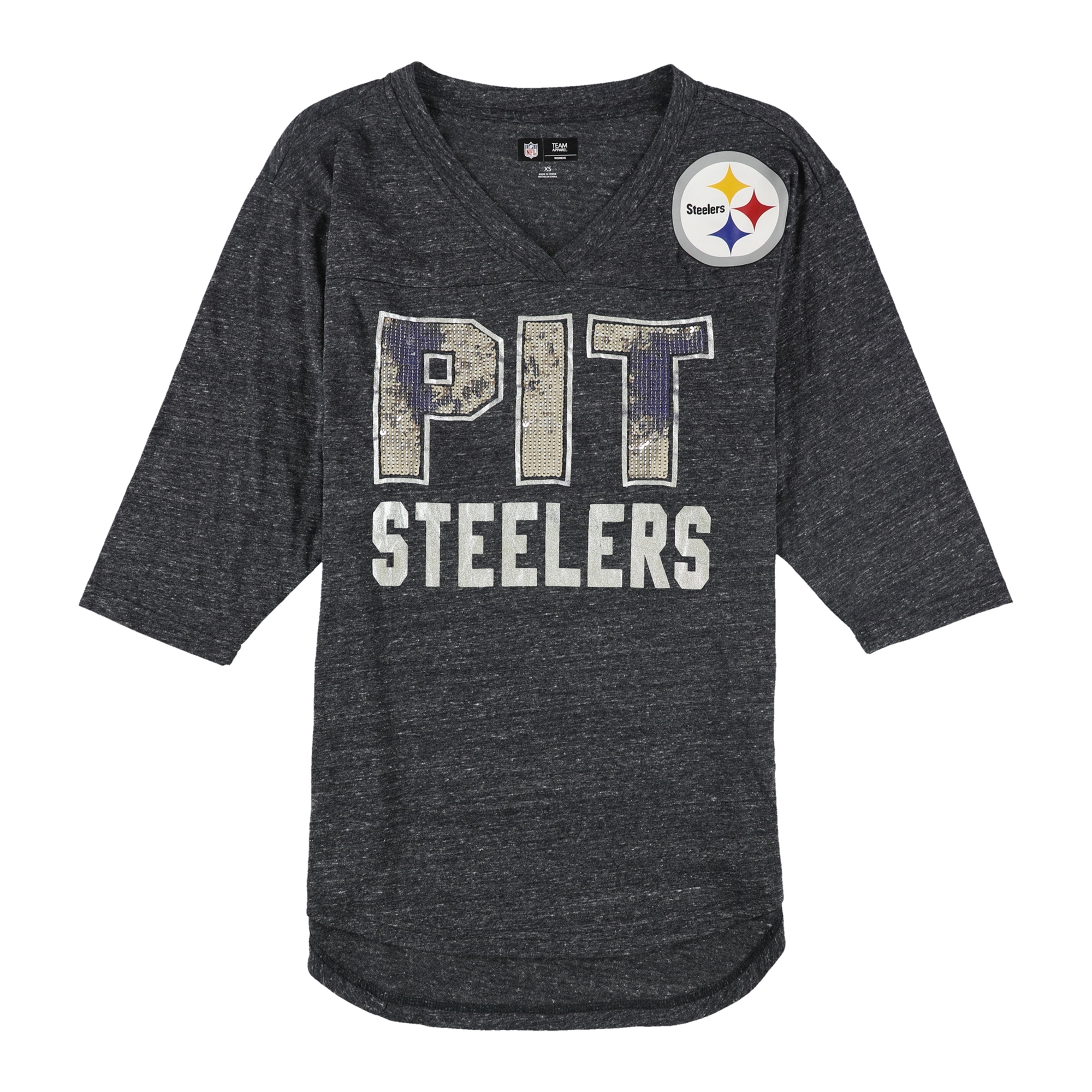 NFL Womens Pittsburgh Steelers Embellished T-Shirt, Grey, X-Small