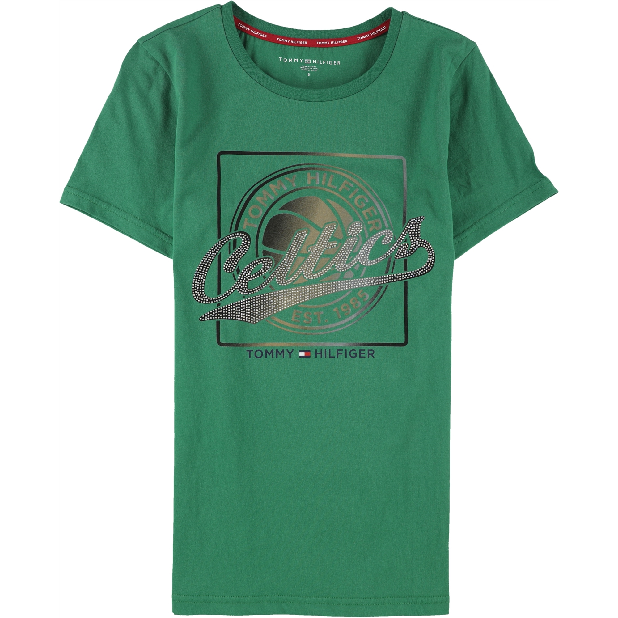 Tommy Hilfiger Womens Celtics Rhinestone Logo Embellished T-Shirt