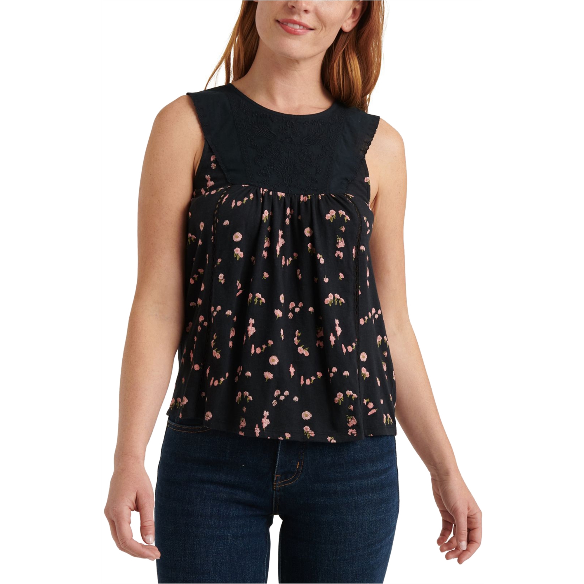 Buy a Lucky Brand Womens Floral Print Embroidered Yoke Tank Top Tagsweekly