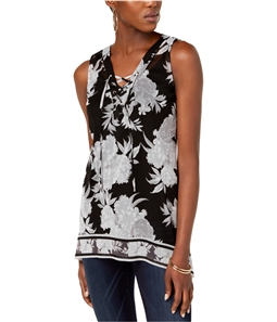 I-N-C Womens Floral Lace Up Sleeveless Blouse Top