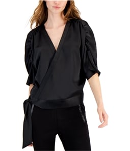 I-N-C Womens Solid Satin Wrap Blouse