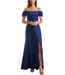 Nightway Womens Pleasted Cold-Shoulder Fit & Flare Gown Slit Dress