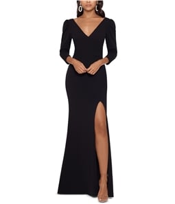 Betsy & Adam Womens Solid Puff-Sleeve V-Neck Gown Dress