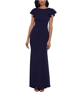 Betsy & Adam Womens Ruched Ruffle-Sleeve Fit & Flare Gown Dress
