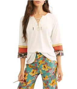 Free People Womens Lace-Up Collar Peasant Blouse