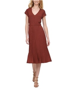 DKNY Womens Textured Knit A-line Midi Pleated Dress