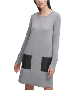 DKNY Womens Faux Leather Pockets Sweater Dress