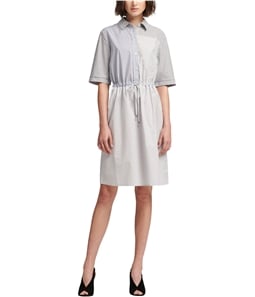 DKNY Womens Cotton Stripped and Colorblocked Pleated Dress