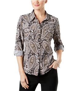 NY Collection Womens Petite Printed Utility Button Up Shirt