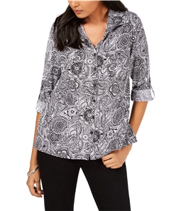 NY Collection Womens Petite Printed Utility Button Up Shirt