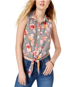 polly & esther Womens Tie Front Button Down Blouse