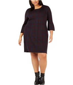 NY Collection Womens 3/4 Bell Sleeve Plaid Sweater Dress