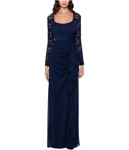 XSCAPE Womens Lace-Sleeve Side-Ruching Gown Dress