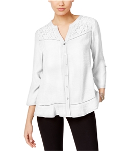 NY Collection Womens Lace Trim Button Up Shirt