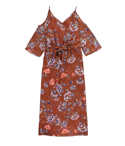 Bar Iii Womens Watercolor Print Cold Shoulder Wrap Dress