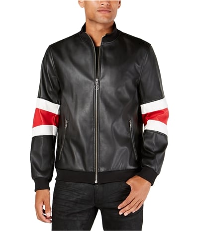 I-N-C Mens Stripe Faux-Leather Jacket