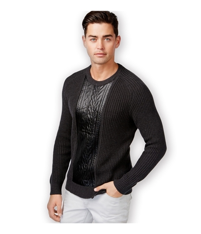 I-N-C Mens Faux Leather Cable Knit Pullover Sweater, TW2