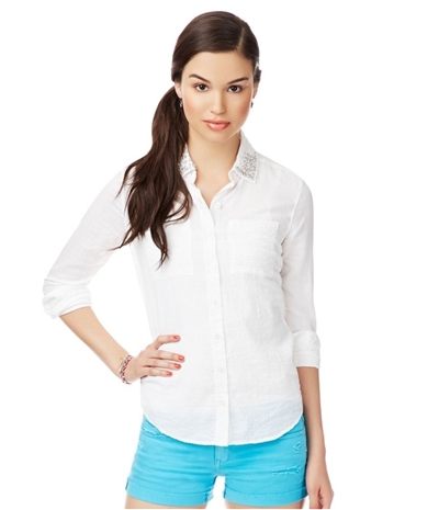 Aeropostale Womens Crinkled Embellished Button Up Shirt