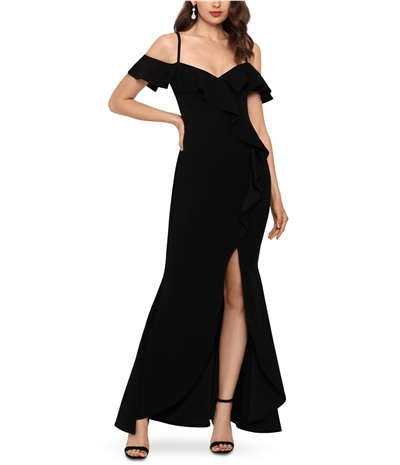 Betsy & Adam Womens Ruffle Cold Shoulder Gown Dress