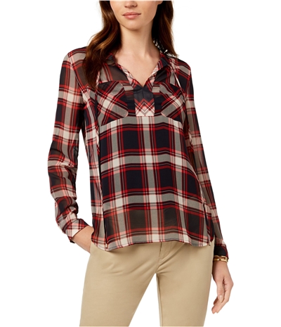 Tommy Hilfiger Womens Tie Neck Plaid Pullover Blouse