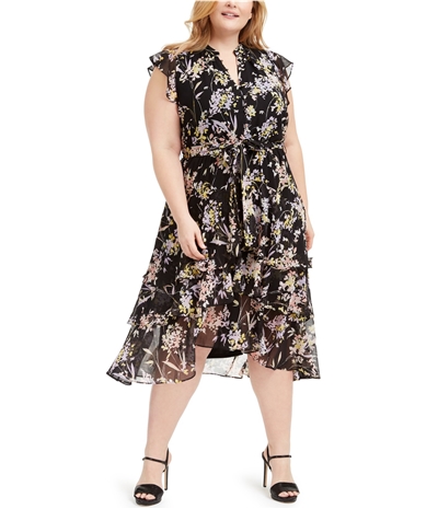 Calvin Klein Womens Chiffon High-Low Layered Ruffled Dress