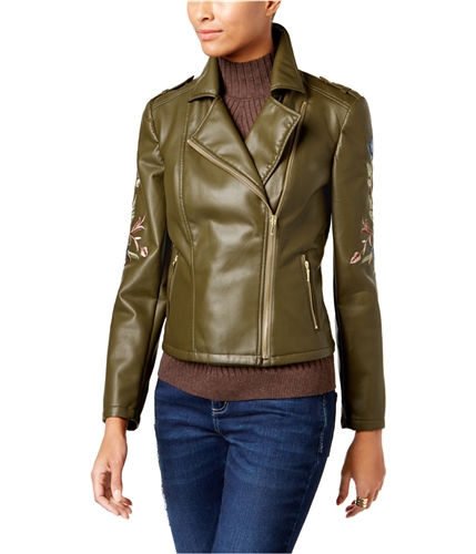 I-N-C Womens Embroidered Motorcycle Jacket olivedrab XS