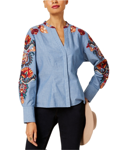 I-N-C Womens Embroidered Button Up Shirt chambrayblue M