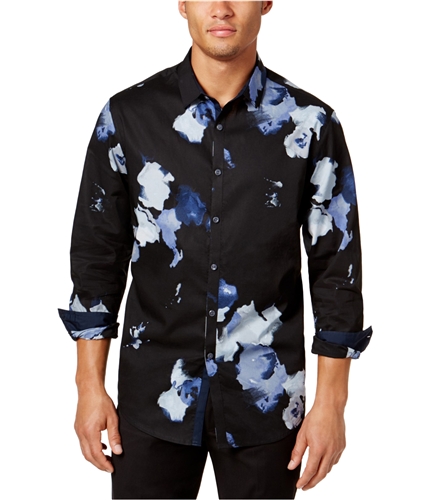 I-N-C Mens Abstract Floral Button Up Shirt bluecombo S