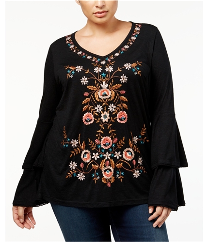 I-N-C Womens Embriodered Pullover Blouse black 1X