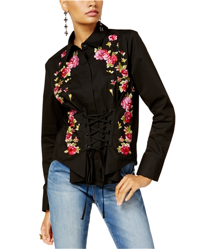 I-N-C Womens Embroidered Corset Button Up Shirt deepblack S