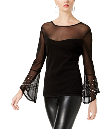 I-N-C Womens Embellished Bell-Sleeve Illusion Pullover Blouse deepblack XS