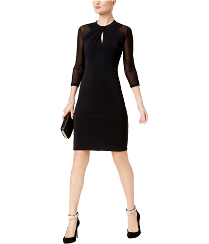 I-N-C Womens Illusion-Sleeve Bodycon Dress deepblack XS