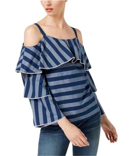 I-N-C Womens Tiered-Sleeve Knit Blouse chambray S